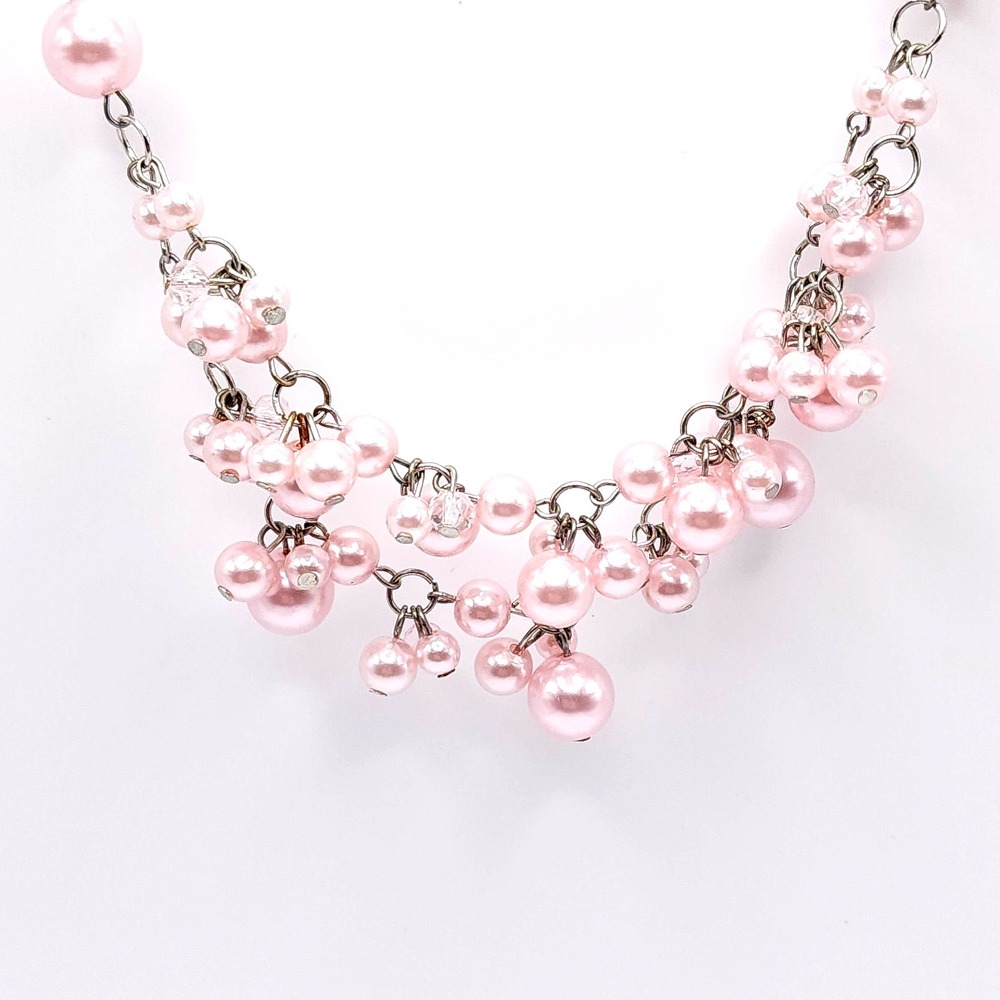 Pink Faux Pearl Cluster Bib Necklace Silver